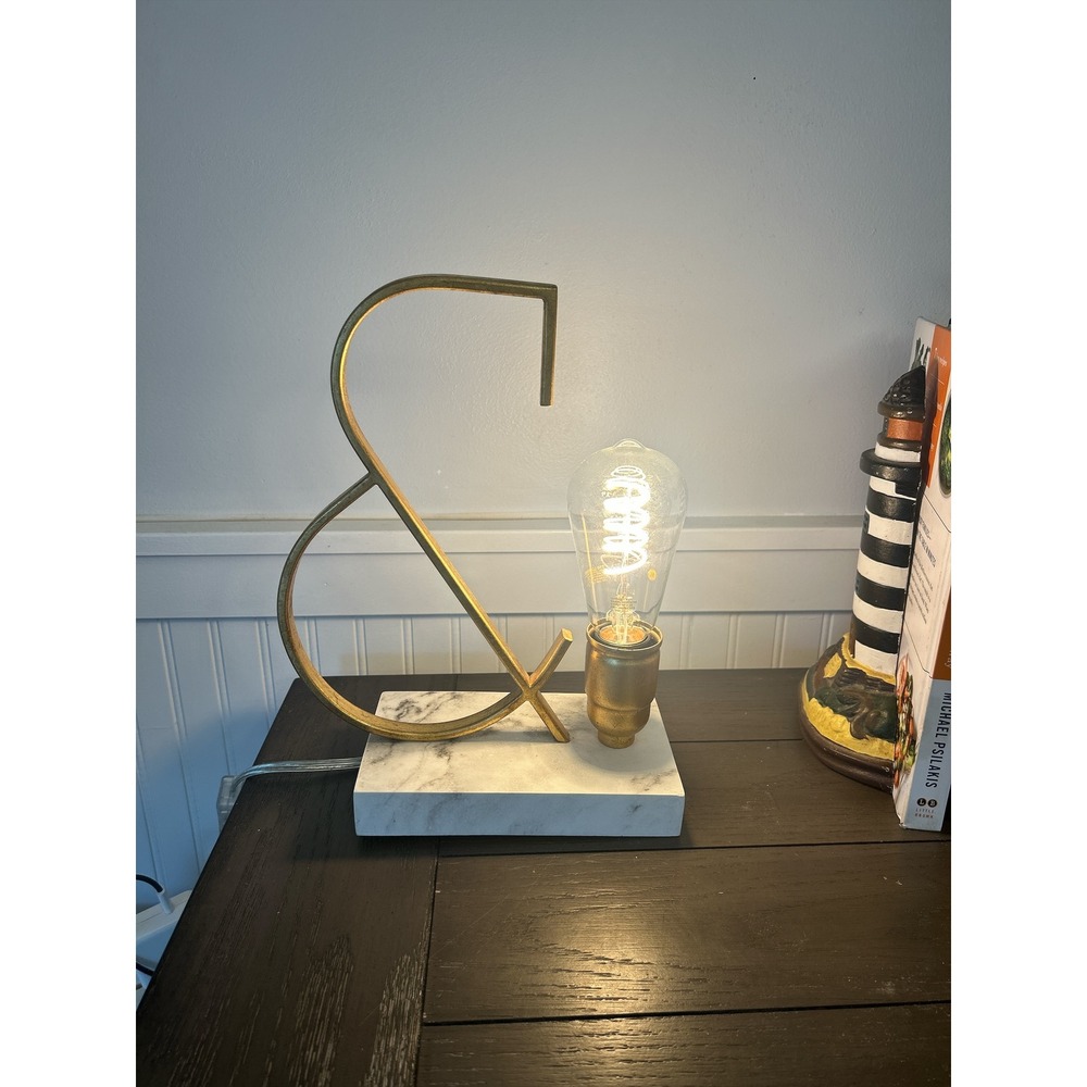Gold Ampersand Table Lamp White Marble Look Base  Edison Bulb Industrial Modern
